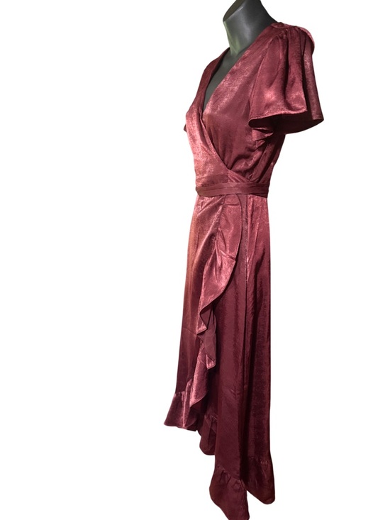 Audrey parks maroon satin wrap midi dress small women purple - Picture 8 of 12